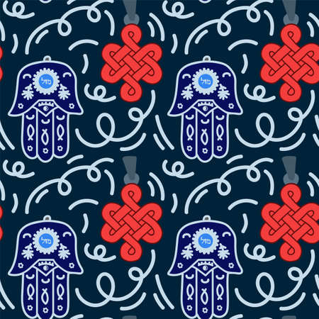 The background of the symbol of good luck and fortune. Chinese knot, Hamsa Amulet, Maple leaf brings good luck. A golden horseshoe for good luck. A pattern for luck drawn by hand. Vector illustrationのイラスト素材