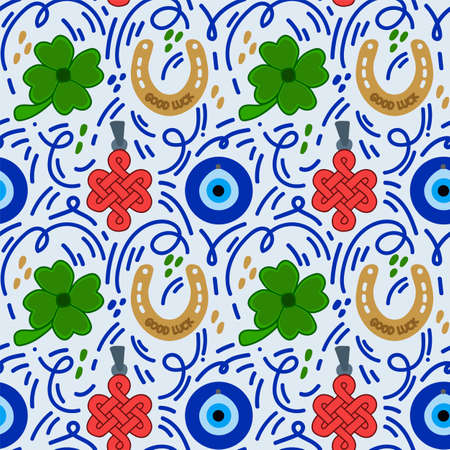 The background is a symbol of good luck. Chinese knot, Nazar Amulet, Maple leaf brings good luck. A golden horseshoe for good luck. A pattern for luck drawn by hand. Vector illustrationのイラスト素材