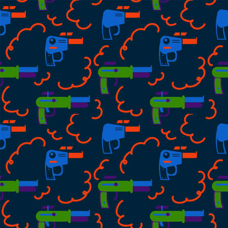 Background of Galactic Blasters. A bright game weapon for children's textiles. Toy blaster pattern for star games. Vector illustrationのイラスト素材