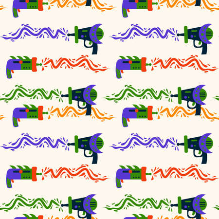 A pattern of Blasters with lasers. A bright game weapon for children's textiles. Toy blaster pattern. Star game for the background of greeting cards. Vector illustrationのイラスト素材