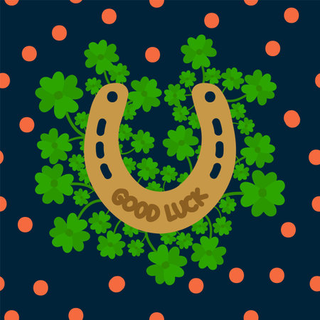 A Horseshoe poster on Patrick's Day for good luck. Postcard with clover for the festival. Illustration of a Golden horseshoe for a Holiday drawn in vector. Vector illustrationのイラスト素材