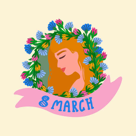 Portrait of a woman on March 8. Women's Day greeting card with a girl. Beautiful spring woman in flowers in profile. A festive feminist poster. Vector illustrationのイラスト素材