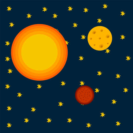 Planets of the solar system. Vector-drawn illustrations of planets in space. Cartoon Sun, Mars and...