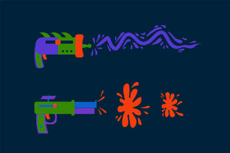 Blasters with laser set. A collection of bright children's game guns. Space game guns for star wars...