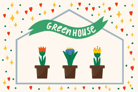 Greenhouse and gardening. Vector picture of a pot with plants with the inscription Greenhouse. Warm house of Flowers. Vector illustrationのイラスト素材