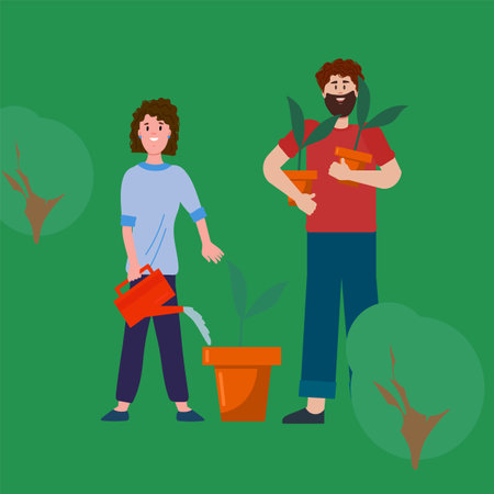 People are gardeners. Illustration of men and women planting trees. Poster on the nature of a man with a watering can. Seedlings for gardening. Vector illustrationのイラスト素材