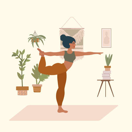 Yoga at home. A woman stands on one leg in a yoga pose. Beautiful boha yoga room. Vector illustrationのイラスト素材