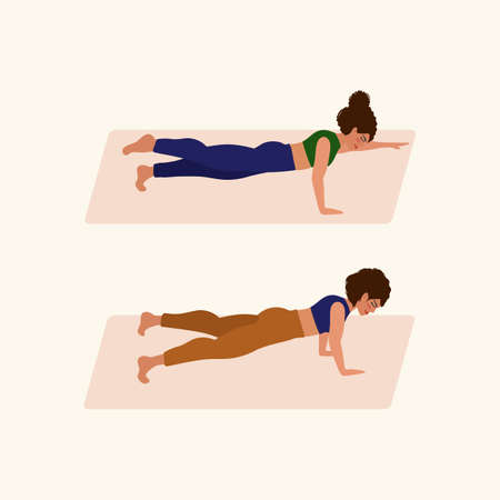 Yoga by a group of people. Women do Yoga or Pilates. The concept of relaxation, meditation, love for yourself and the body. Vector clip art in a flat style. Vector illustrationのイラスト素材