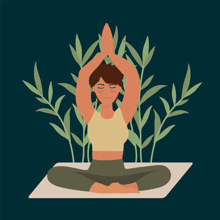 Illustration of a girl doing Yoga. A man in a relaxation pose against the background of trees for a postcard. Vector clip art in flat style poster of Meditation Yoga. Vector illustrationのイラスト素材