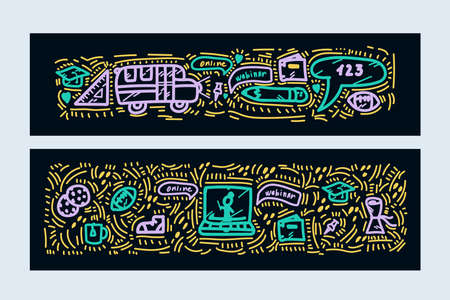 A set of banners for Online training. Hand-drawn colored backgrounds. Doodle Online webinar Ruler, Lesson, Notebook, pencil, books and notebooks. Vector illustrationのイラスト素材