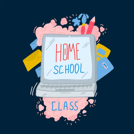 Online webinar illustration in color. A hand-drawn vector doodle picture. For teaching students online. Vector illustrationのイラスト素材