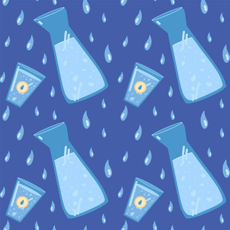 Background with water vessels. Background with a decanter and a glass. In a circle of blue drops. Blue pattern for kitchen textiles. Vector postcard with water. Vector illustrationのイラスト素材