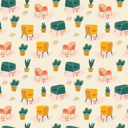 Background of comfortable Scandinavian chairs. Abstract doodle elements with furniture. Interior pattern with yellow and green chair. For the textile pattern. Vector illustrationのイラスト素材