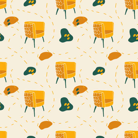 Background of abstract spots and yellow chairs. Convenient interior decor elements. In the vector, the furniture is in the form of a pattern. Insulated pattern for interior or textile use. Vector illustrationのイラスト素材