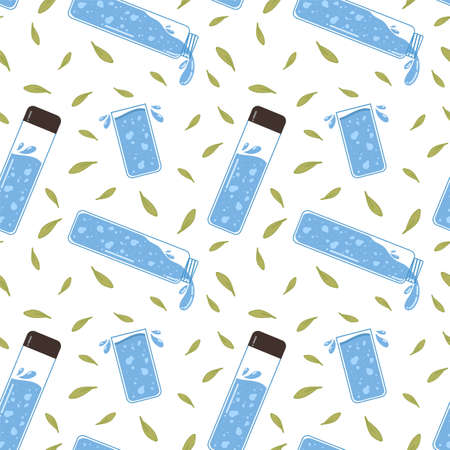 Water bottle pattern. Background with a vessel with a drink and mint leaves. Vector postcard with water. Vector illustrationのイラスト素材