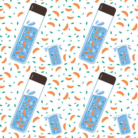 Water and fruit bottle pattern. Background with a vessel with a drink, mint leaves and lemon. A refreshing pattern for home textiles. Vector postcard with water. Vector illustrationのイラスト素材