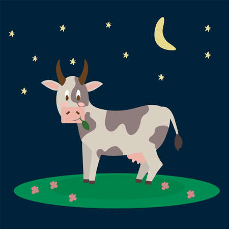 Vector character farm animal. Livestock in a flat-style meadow. An isolated cow on a dark background in a circle of stars and the moon. Vector illustrationのイラスト素材