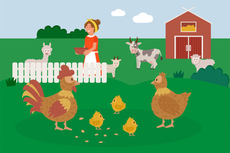 Farm animals with landscape. Vector illustration in cartoon style of livestock. Children's book illustration with a girl on a farm. Vector illustrationのイラスト素材