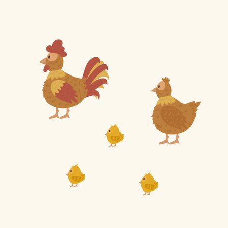 Farm animals chicken family. Vector illustration of cartoon-style livestock. Children's picture with poultry. ... Vector illustrationのイラスト素材