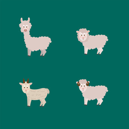 Set of farm animals. Collection of Goat, Llama, Ram, Sheep, livestock. Vector animal characters drawn in the flat style. Vector illustrationのイラスト素材