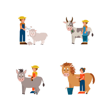 Set of farm animals breeding by humans. Stock with a farmer, a working man who raises cattle. Colorful cartoon collection of vector illustrations. Vector illustrationのイラスト素材