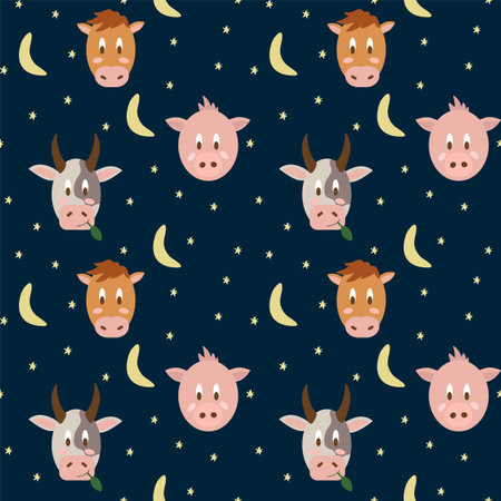 Vector pattern of farm animals in a circle of stars and the moon. Cute Cow, Horse and Pig portraits in cartoon style. Isolated background for children's textiles. Vector illustrationのイラスト素材