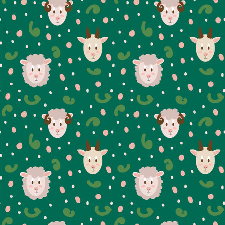 Vector pattern of farm animals on a green background. Cute portraits of goat, sheep and ram in cartoon style. Isolated background for children's textiles. Vector illustrationのイラスト素材
