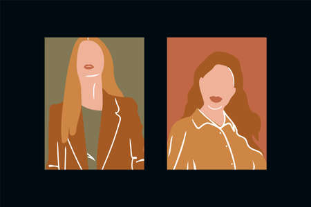 Set of Women's portraits postcards. Young faces of fashionable girls. Abstract posters drawn in vector. Women's Beauty, International Women's Day. Vector illustrationのイラスト素材