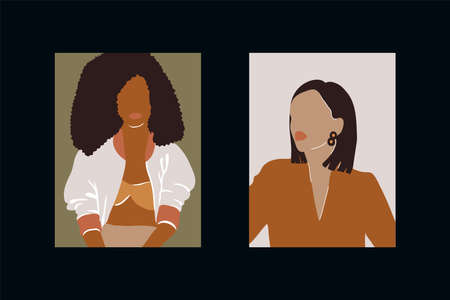 Set of Young faces of girls of different ethnicity poster. Abstract portraits drawn in vector....
