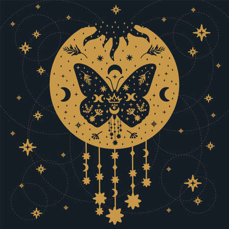 A golden butterfly on a black background. A poster with fluttering insects in the form of dream catchers. Starry background of a magic postcard with moths. Vector illustrationのイラスト素材