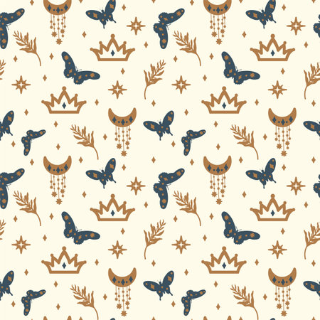 Background of golden stars and dark butterflies. A pattern with illustrations of fluttering insect wings in a starry background. Vector illustrationのイラスト素材