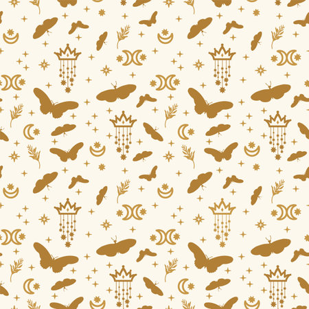 Background of golden butterflies with stars. A pattern with illustrations of fluttering insect wings. Starry background of magic moth wings. Vector illustrationのイラスト素材