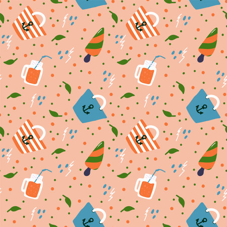 Beach travel background. Summer pattern with Doodle beach illustrations. The concept of relaxing on...
