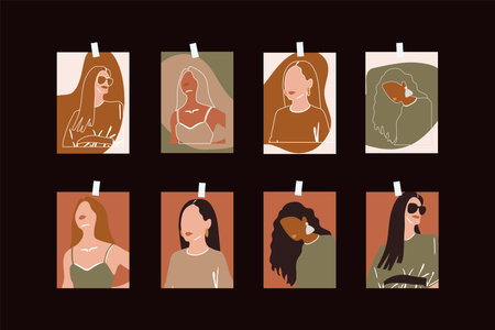 Large set of women portraits. Girls in different poses face illustration. Women of different races...
