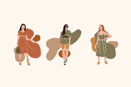 A set of women of different races on abstract dots. Characters of girls in summer clothes. Drawn in the vector International Women's Day. Vector illustrationのイラスト素材
