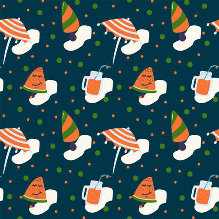 Summer beach background. Children's pattern with an umbrella, a drink in a jar. The doodle - style texture of a summer vacation for textiles. Vector illustrationのイラスト素材