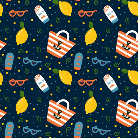 Vector Summer background on dark. Children's pattern with sun glasses, beach bag everything for...