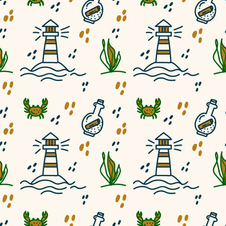 Sea life is a hand-drawn pattern. Doodle background of marine, oceanic, river life, underwater world. Sea life pattern for children's textiles. Vector illustrationのイラスト素材
