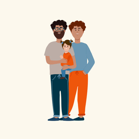 A happy LGBT family. Parents are a couple of men with a baby in their arms. The concept of fatherhood, about love, care in the marriage of same-sex people. Vector illustrationのイラスト素材