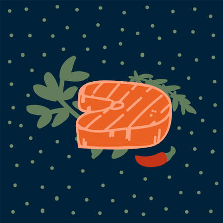 Illustration of seafood for the menu. Vector picture in the style of doodles of Fish steak, Spices, Lemons. A poster for a restaurant with food. Vector illustrationのイラスト素材
