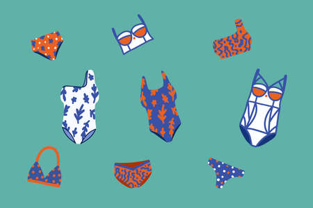 A set of beautiful summer swimsuits. Vector illustration of Women's beachwear, Bikinis, Shorts,...
