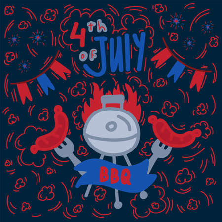 Poster National Holiday on July 4. Happy US Independence Day. BBQ Party Invitation Template. Postcard in the colors of the flag of America in the Doodle style. Vector illustrationのイラスト素材