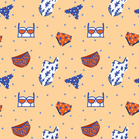 Pattern of summer swimsuits. Bikinis, beachwear, swimsuits, swimming trunks, shorts in the form of a background texture. Women's clothing for summer holidays for textiles. Vector illustrationのイラスト素材