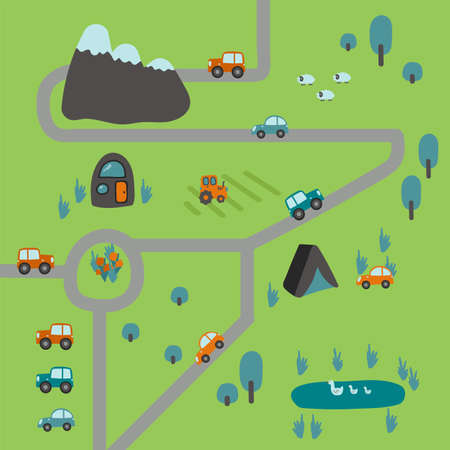 Cartoon city map game. Children's wallpaper or carpet for the room. Children's background for the cartoon city poster with cars and animals. Vector illustrationのイラスト素材