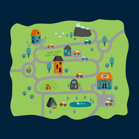 Cartoon city map is a city road game. Cute wallpaper or carpet for the children's room. Children's background for a highway poster with houses and cars. Vector illustrationのイラスト素材