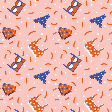 The pattern of summer womens swimsuits is bright. Vector beachwear, swimwear, swimming trunks,...