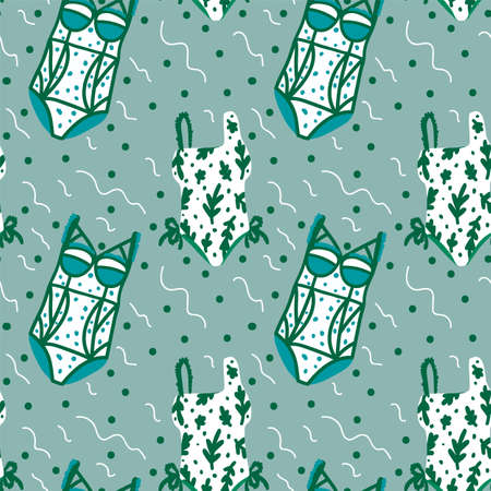 Cute background of summer swimsuits with greenery. Womens clothing for recreation and the beach,...