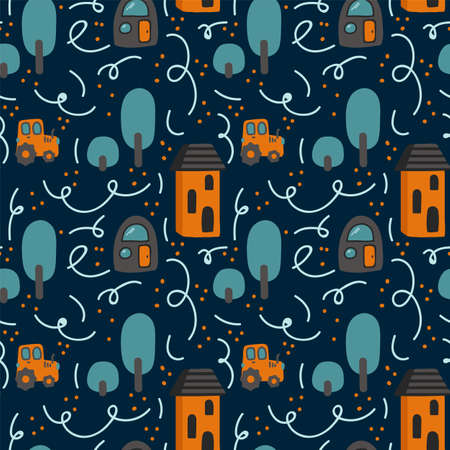 Background Children's map of the city. Pattern for children's textiles. Cartoon city on dark background for kids room wallpaper. Vector illustrationのイラスト素材