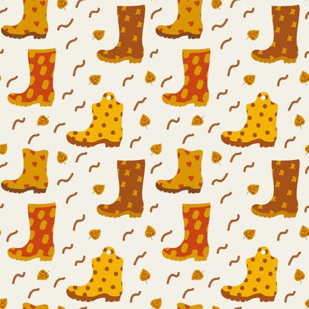 Bright background with boots. Autumn shoes pattern. Vector cozy poster background. Vector illustrationのイラスト素材