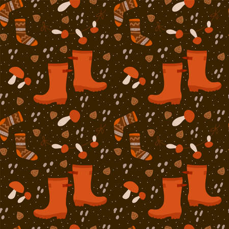 Autumn background with mushrooms and foliage. Vector pattern cozy November background with doodles. A beautiful poster or background for autumn designs. Vector illustrationのイラスト素材